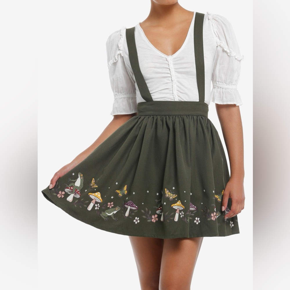 Suspender Skirt with Mushroom Border Print - Olive Green